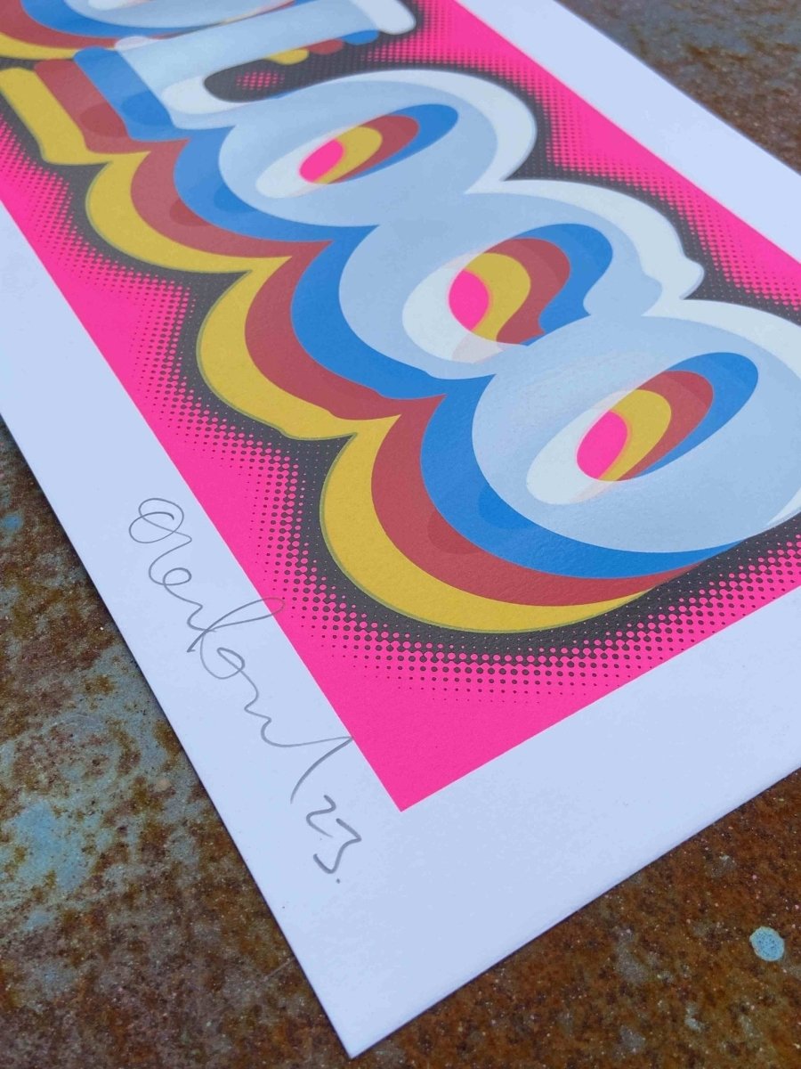5-colour screenprint, neon pink, blue, yellow and red, retro DISCOLOCO lettering with halftone dots