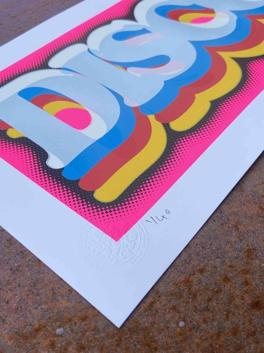 5-colour screenprint, neon pink, blue, yellow and red, retro DISCOLOCO lettering with halftone dots