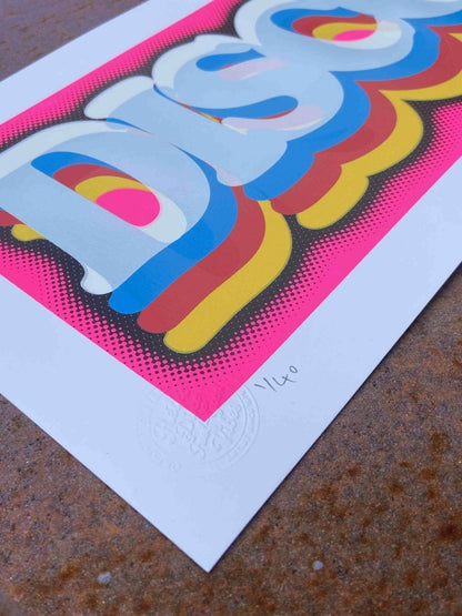 5-colour screenprint, neon pink, blue, yellow and red, retro DISCOLOCO lettering with halftone dots
