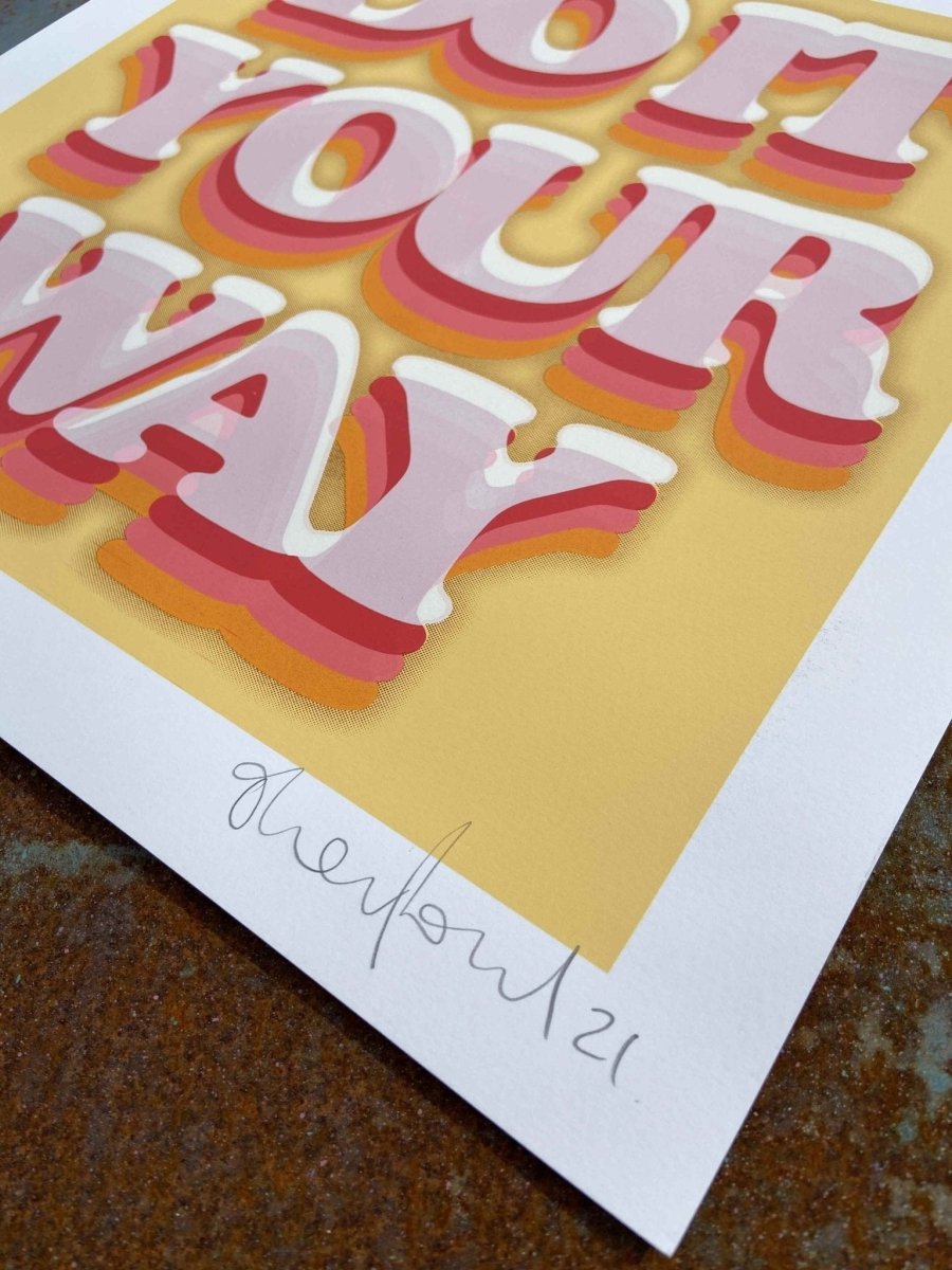 5-colour screenprint, yellow, pink, red and orange, retro 3D lettering, edition of 30