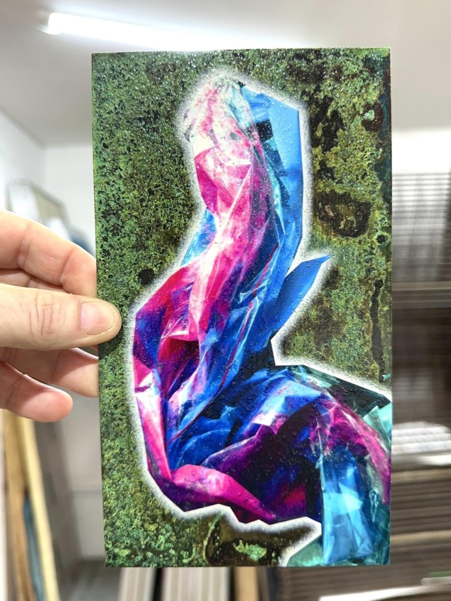 Dolph Oxidised original artwork, hand-pulled screenprint by Oli Fowler — faceted crystal on oxidised verdigris ground