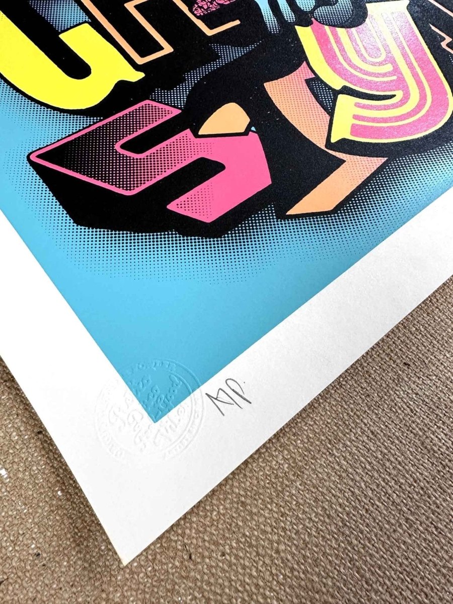 6-colour hand-pulled screenprint, turquoise pink yellow orange, bold playful typography on white paper