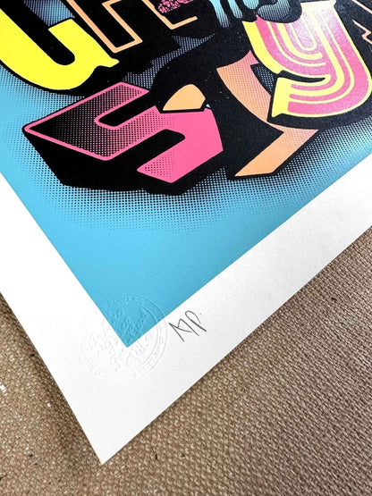 6-colour hand-pulled screenprint, turquoise pink yellow orange, bold playful typography on white paper