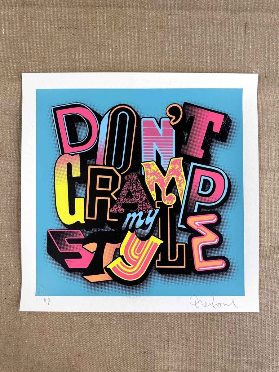 6-colour hand-pulled screenprint, turquoise pink yellow orange, bold playful typography on white paper