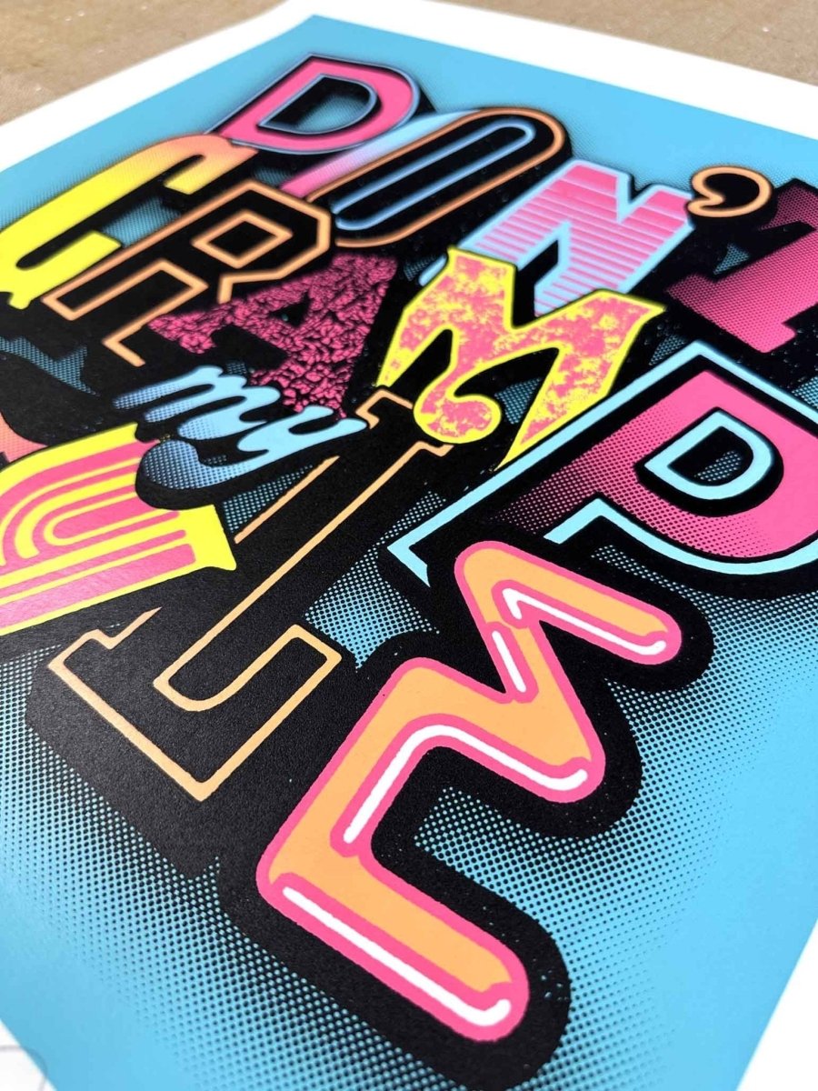6-colour hand-pulled screenprint, turquoise pink yellow orange, bold playful typography on white paper