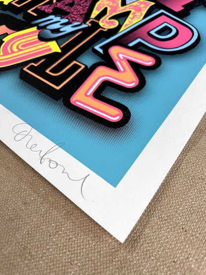 6-colour hand-pulled screenprint, turquoise pink yellow orange, bold playful typography on white paper