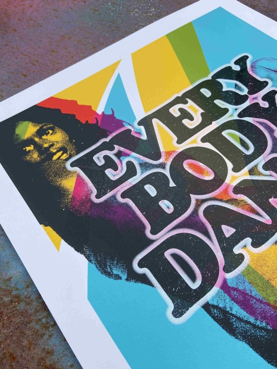 8-colour screenprint, rainbow stripes black halftone dancer, 'Everybody Dance' text, edition of 40, white stock