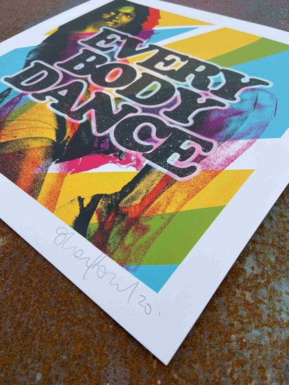 8-colour screenprint, rainbow stripes black halftone dancer, 'Everybody Dance' text, edition of 40, white stock