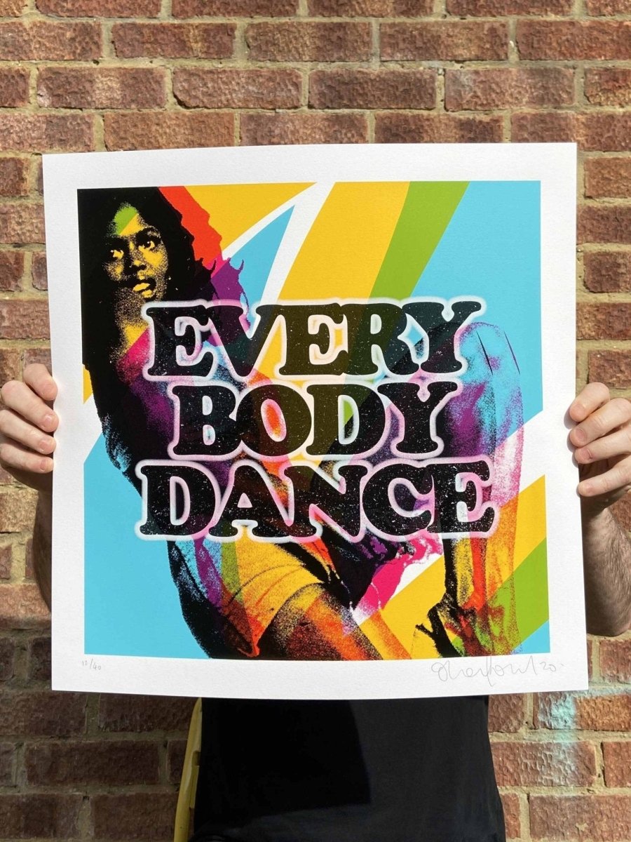 Everybody Dance hand-pulled screenprint by Oli Fowler, bold retro typography over a rainbow dancer in vivid colour
