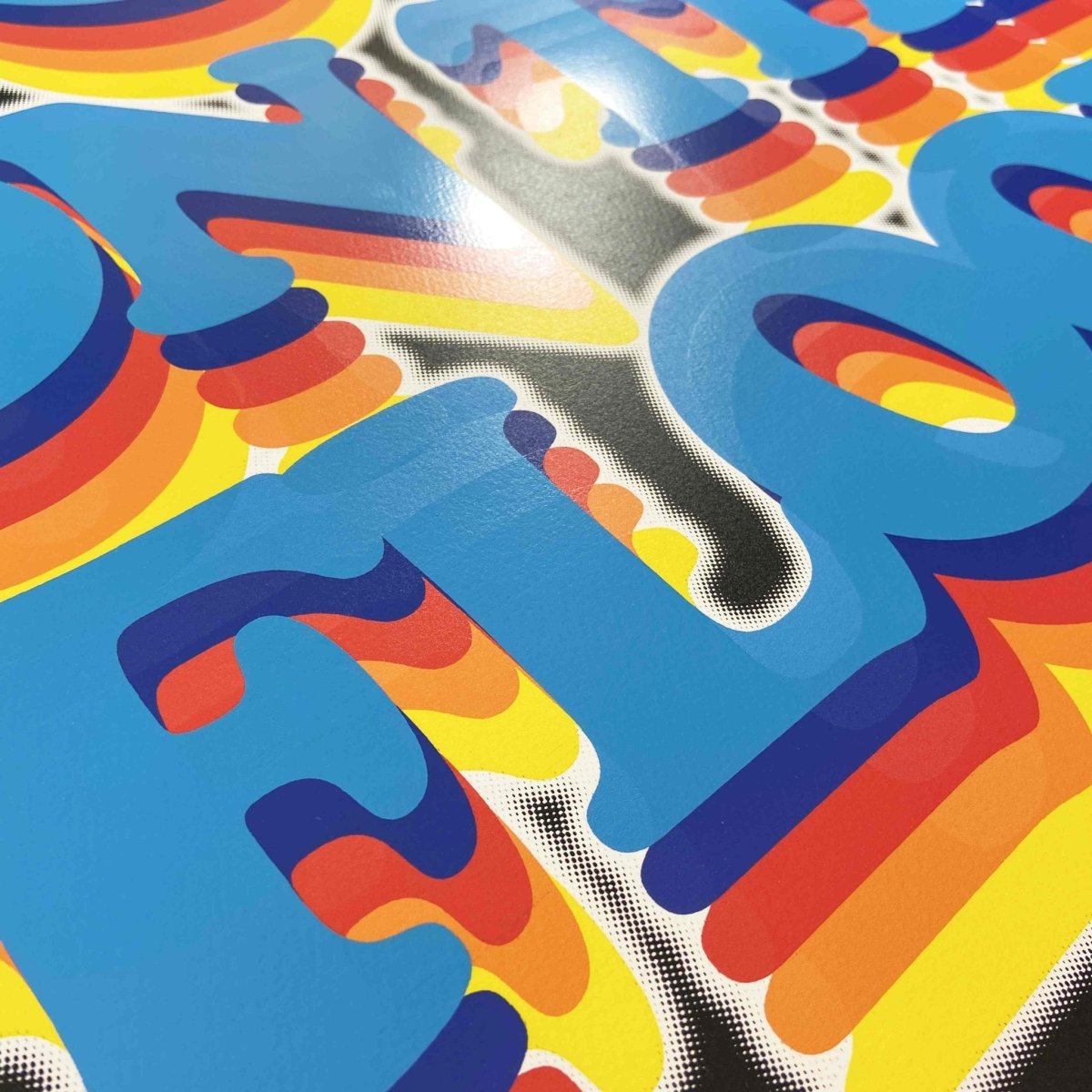 6-colour screenprint, electric blue and rainbow on black, retro 70s disco bubble lettering