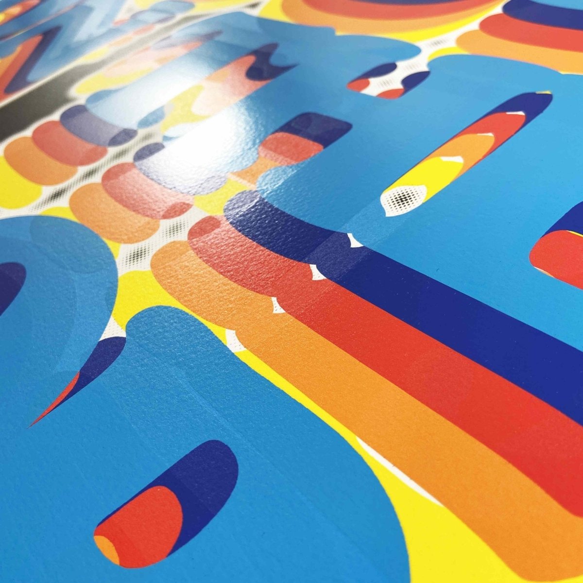 6-colour screenprint, electric blue and rainbow on black, retro 70s disco bubble lettering