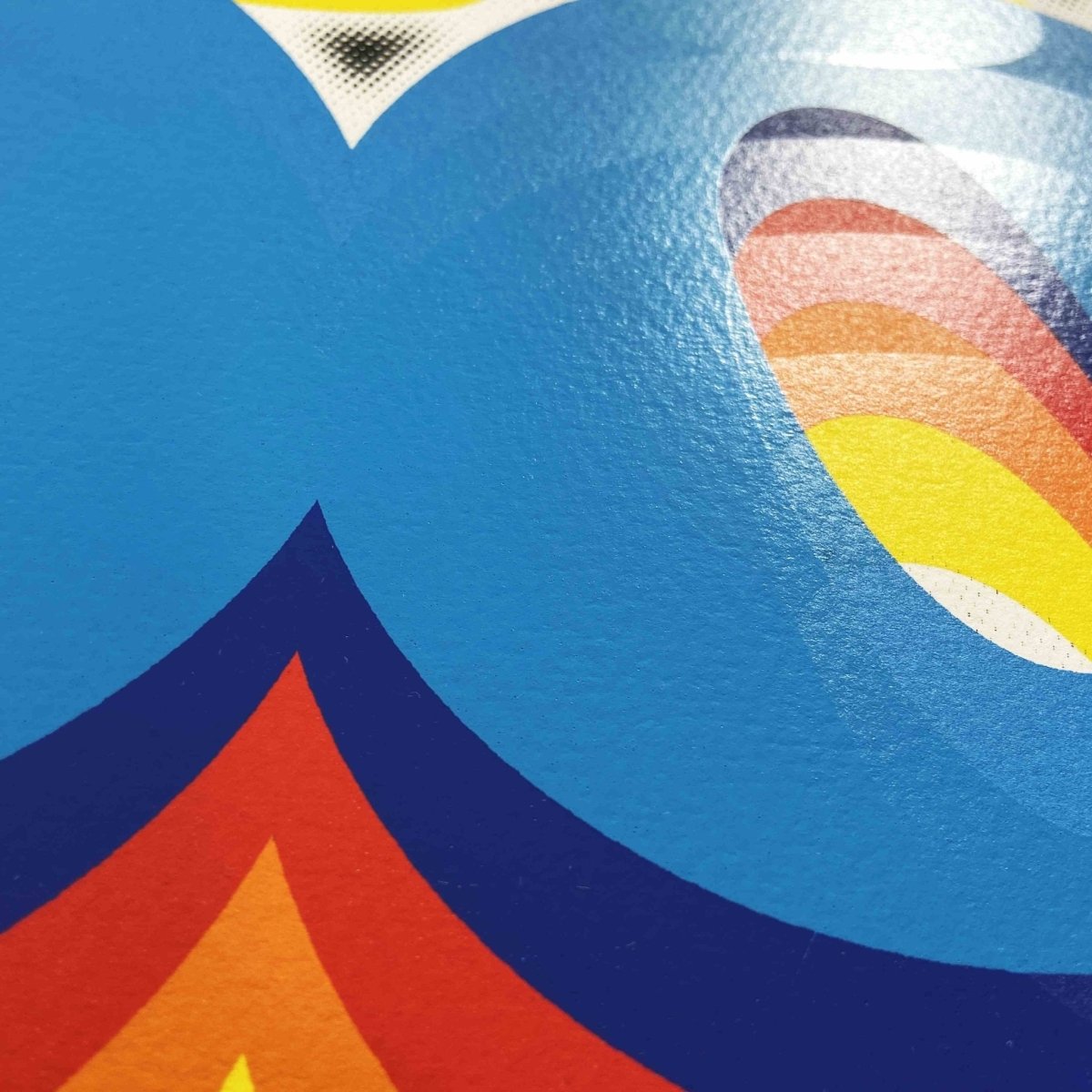 6-colour screenprint, electric blue and rainbow on black, retro 70s disco bubble lettering