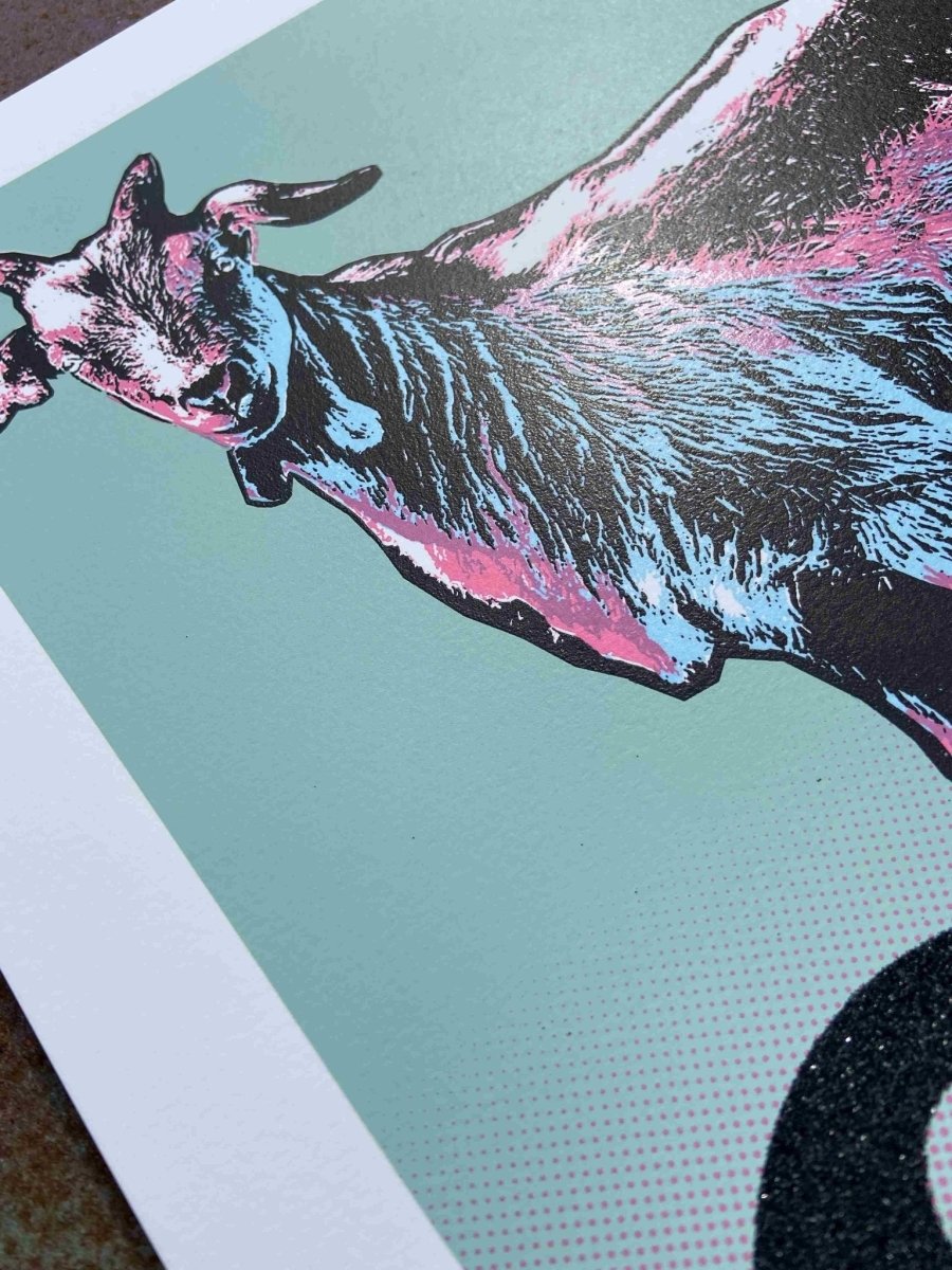 3-colour screenprint, turquoise, pink, black glitter, standing goat, limited edition, white paper