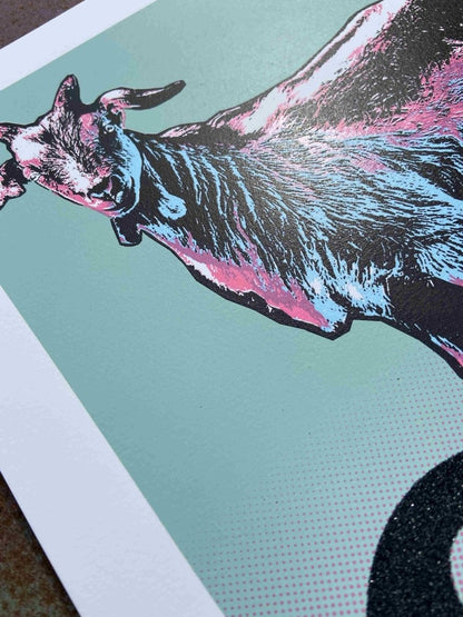3-colour screenprint, turquoise, pink, black glitter, standing goat, limited edition, white paper