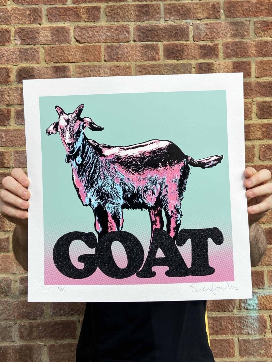 GOAT Limited Edition Black Glitter Screenprint, hand-pulled screenprint by Oli Fowler, mint and pink pop art
