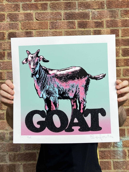 GOAT Limited Edition Black Glitter Screenprint, hand-pulled screenprint by Oli Fowler, mint and pink pop art