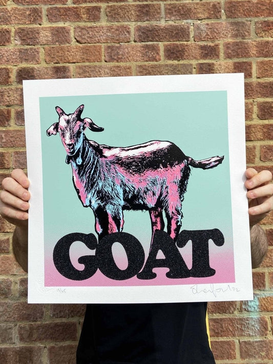 GOAT Limited Edition Black Glitter Screenprint, hand-pulled screenprint by Oli Fowler, mint and pink pop art