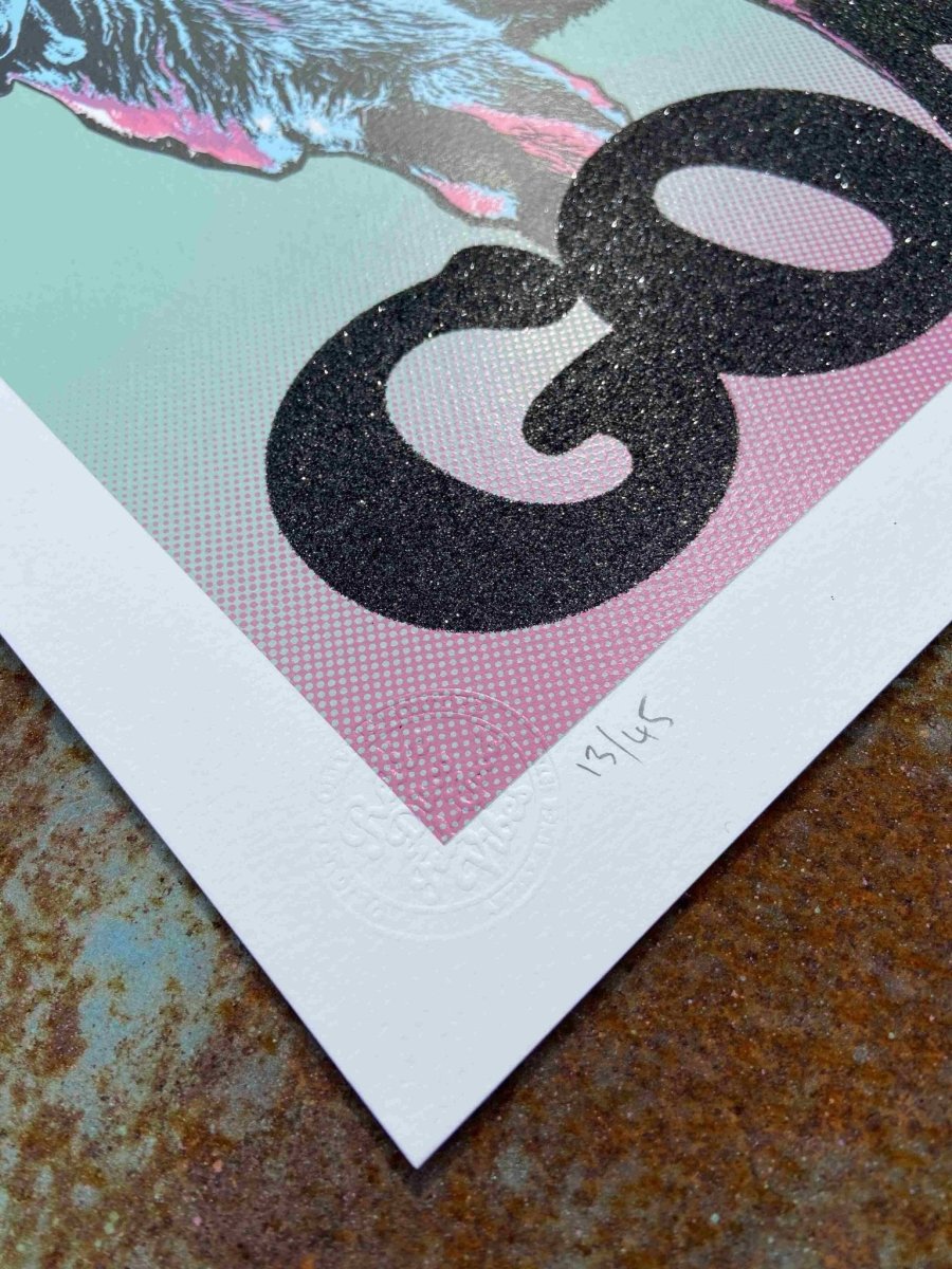 3-colour screenprint, turquoise, pink, black glitter, standing goat, limited edition, white paper