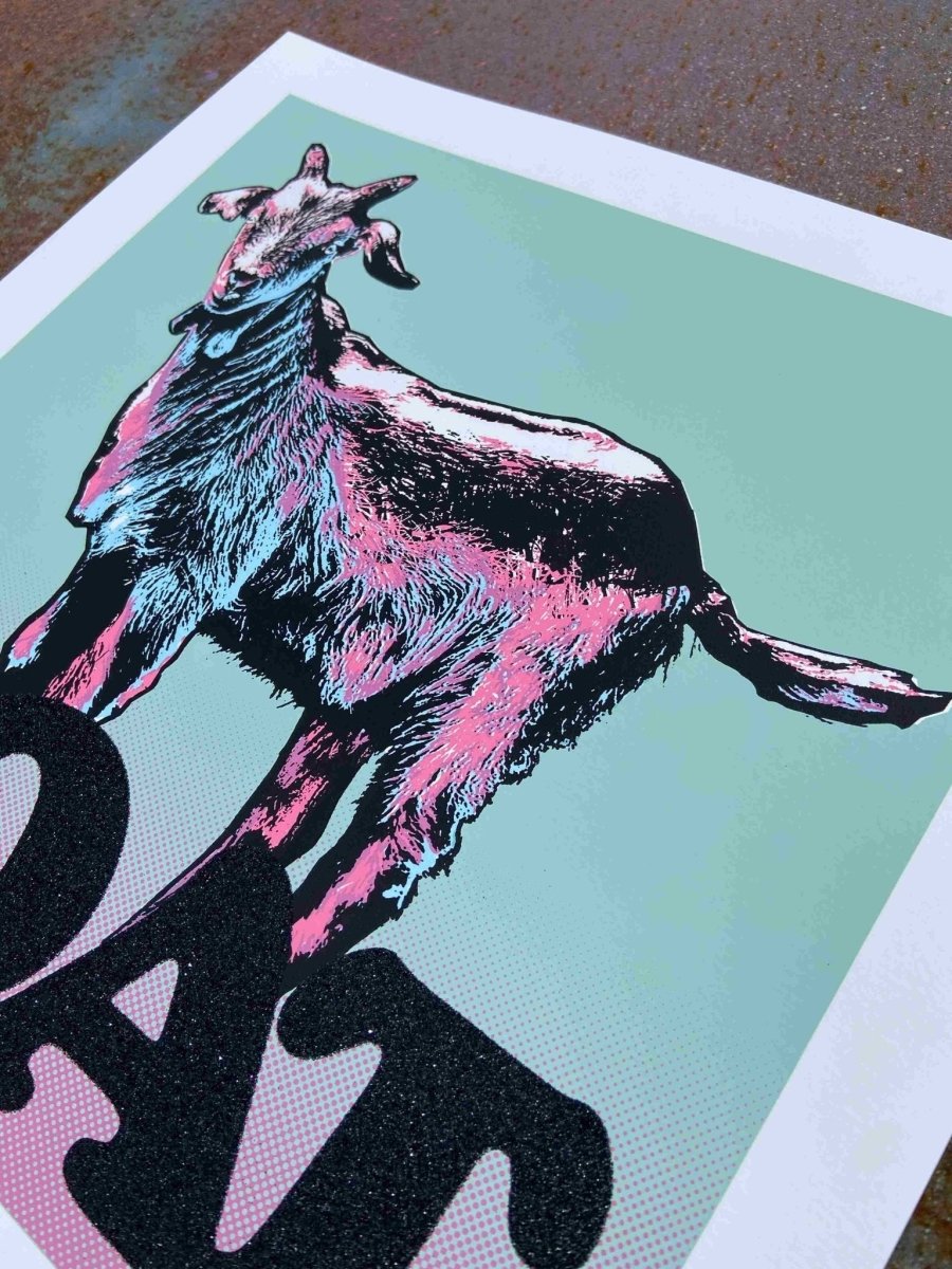 3-colour screenprint, turquoise, pink, black glitter, standing goat, limited edition, white paper