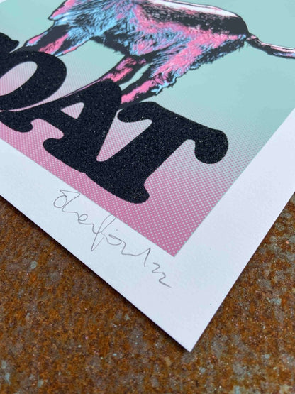 3-colour screenprint, turquoise, pink, black glitter, standing goat, limited edition, white paper
