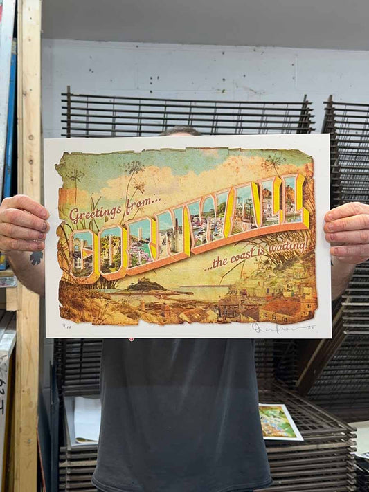 Greetings From... Cornwall hand-pulled screenprint by Oli Fowler, vintage postcard-style coastal art