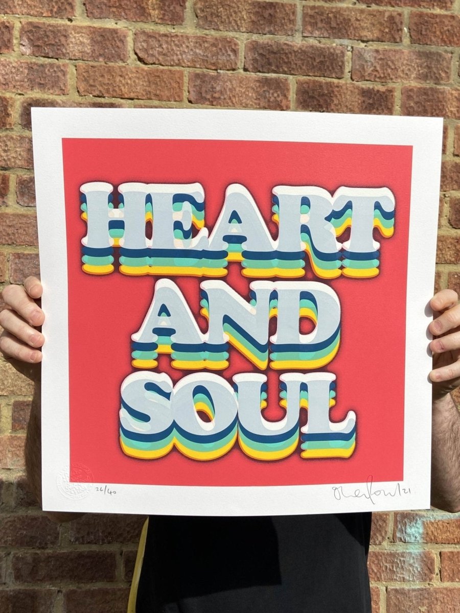 Heart and Soul limited edition hand-pulled screenprint by Oli Fowler, bold retro rainbow typography on red