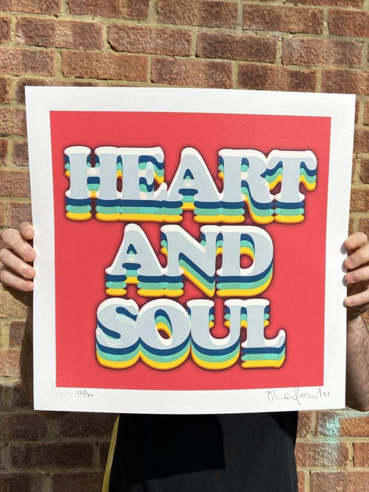 Heart and Soul limited edition hand-pulled screenprint by Oli Fowler, bold retro rainbow typography on red