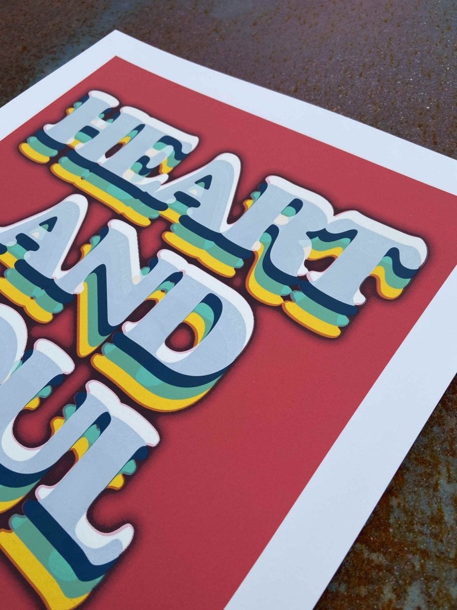 5-colour hand-pulled screenprint, coral red, rainbow-layered typography, edition of 40, white stock