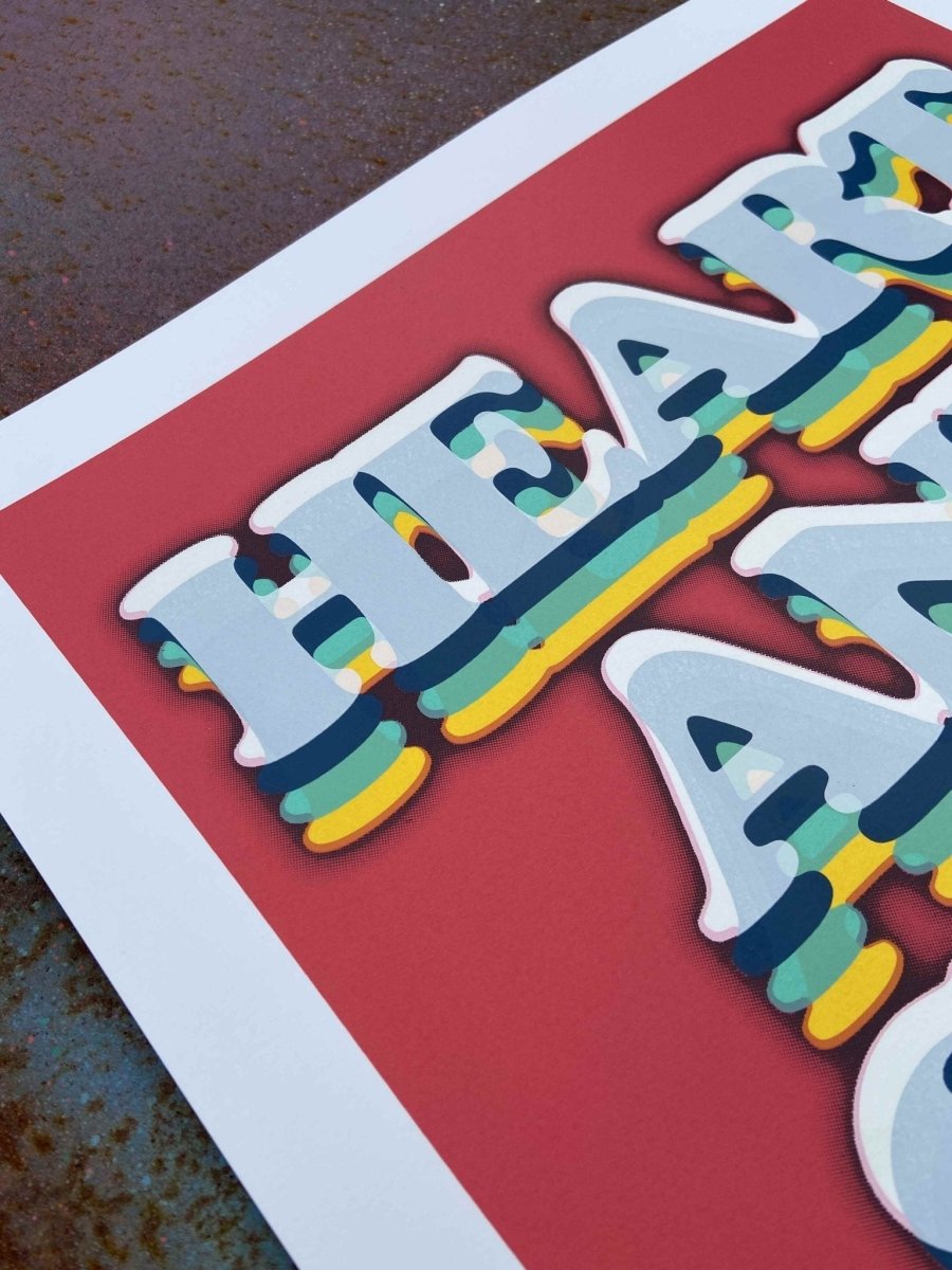 5-colour hand-pulled screenprint, coral red, rainbow-layered typography, edition of 40, white stock