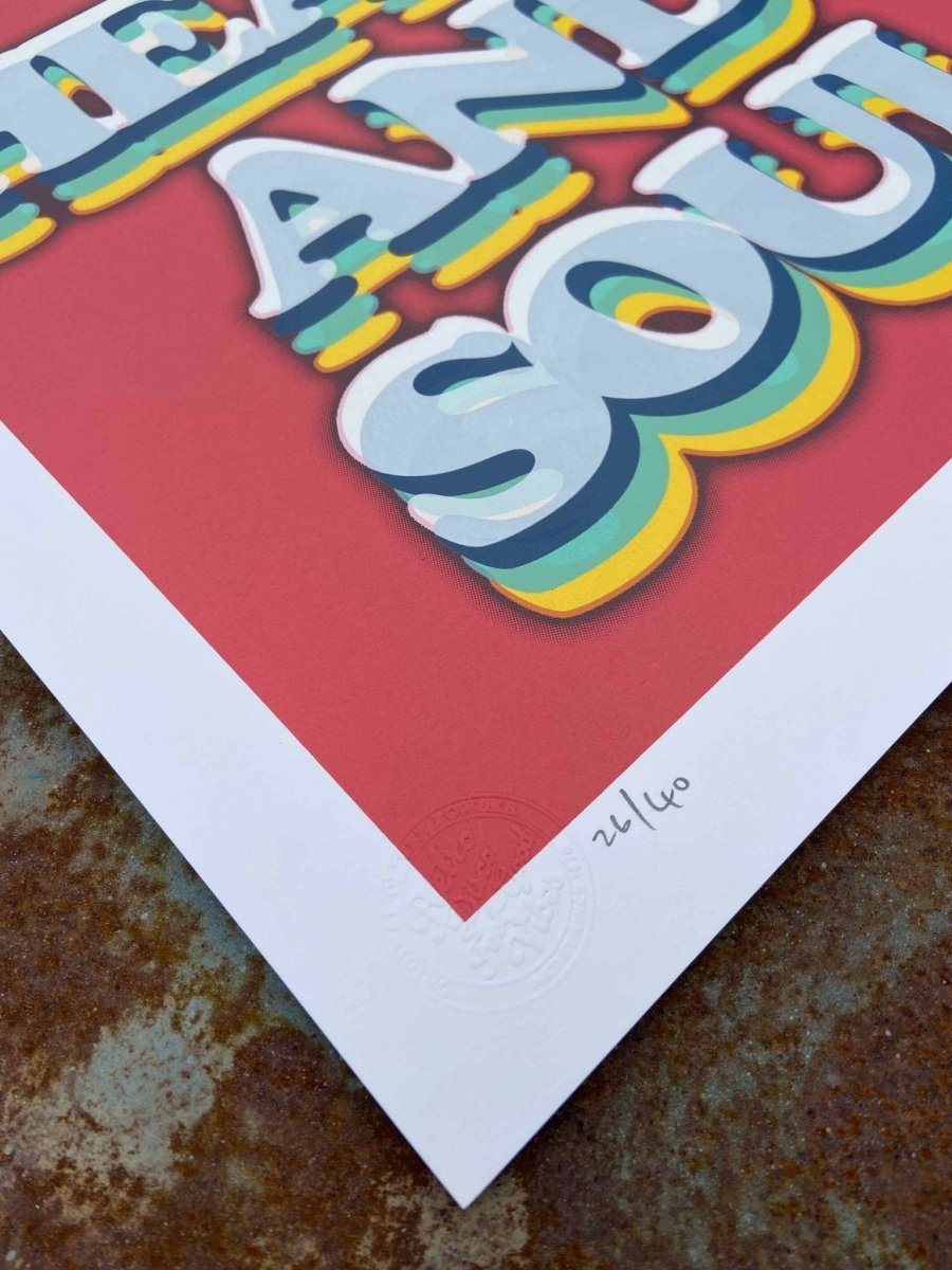 5-colour hand-pulled screenprint, coral red, rainbow-layered typography, edition of 40, white stock