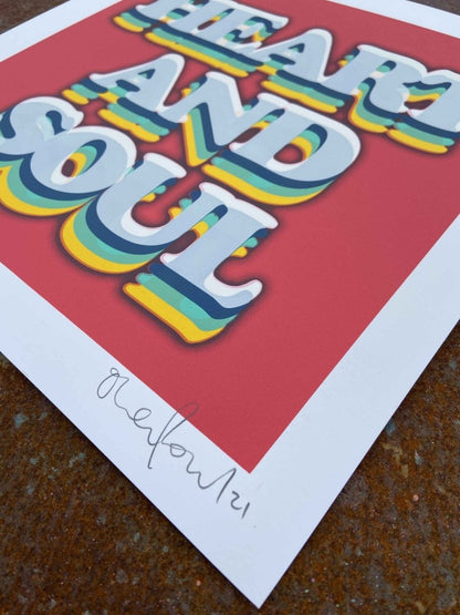 5-colour hand-pulled screenprint, coral red, rainbow-layered typography, edition of 40, white stock