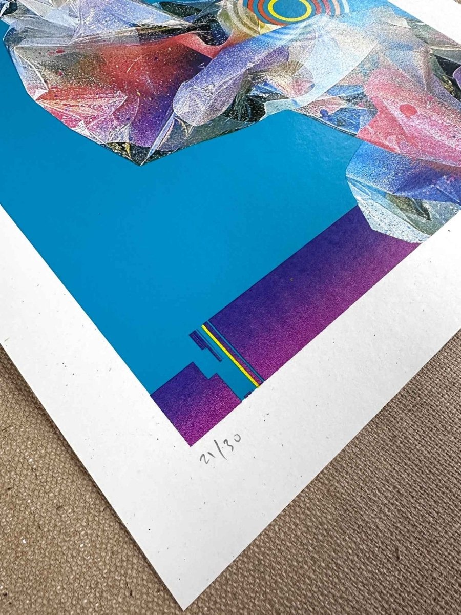 5-colour screenprint, copper and cyan blues, abstract geometric hexagonal crystalline forms