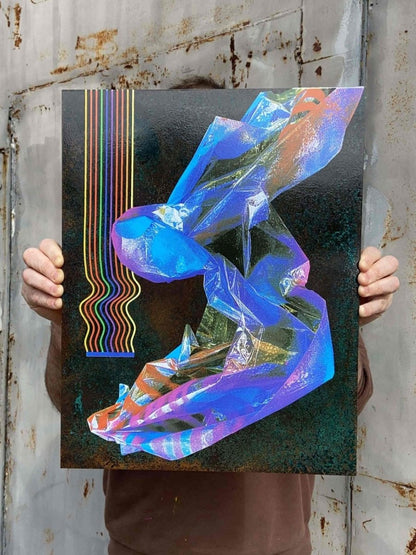 5-colour screenprint, copper and cyan blues, abstract geometric hexagonal crystalline forms