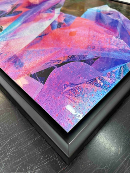 Multi-colour screenprint, pink purple blue cyan, geometric abstraction on oxidised copper verdigris background
