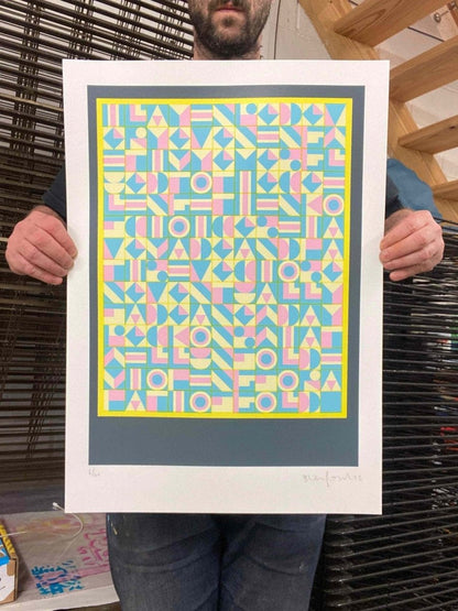 Hidden Typography hand-pulled screenprint by Oli Fowler, geometric abstract design in blue, pink and yellow