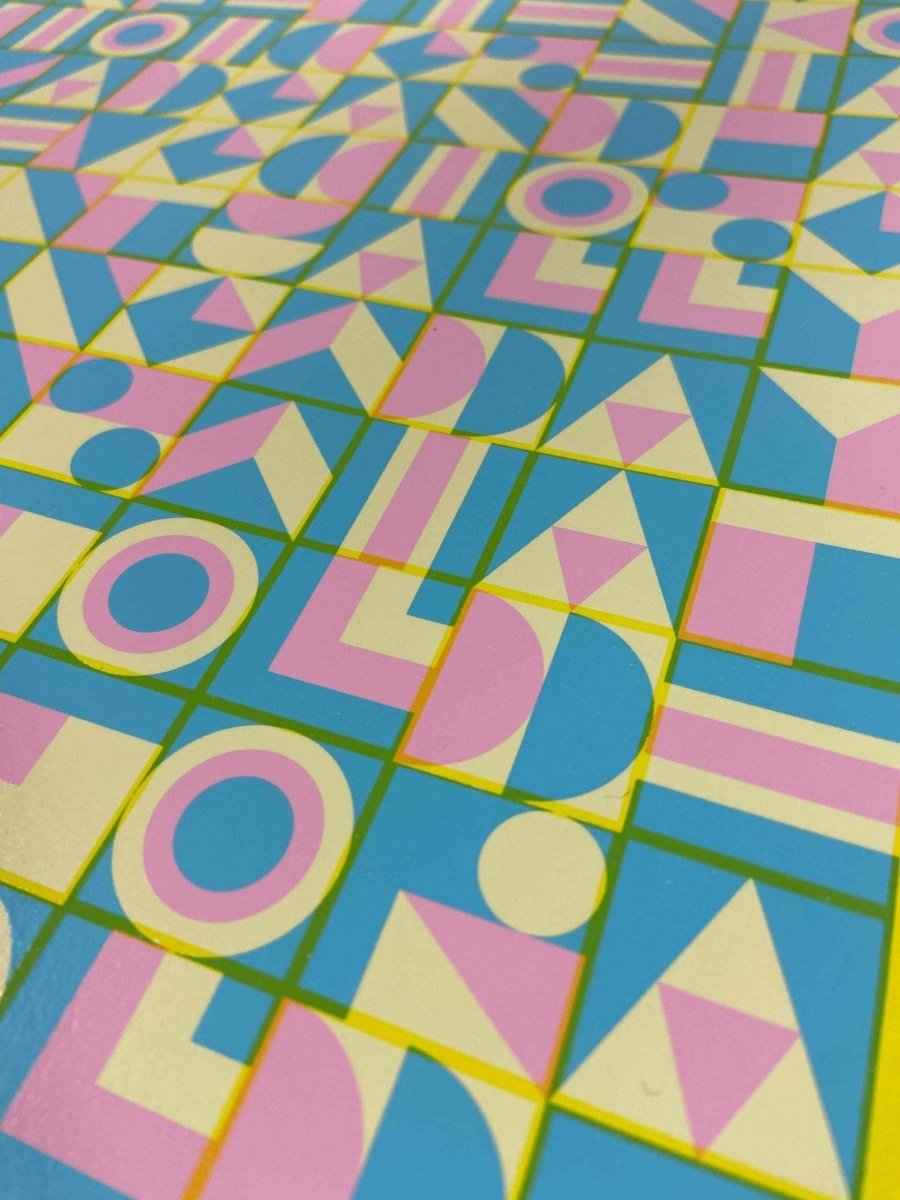 4-colour screenprint, yellow, pink and blue geometric hidden typography, edition of 60, white paper