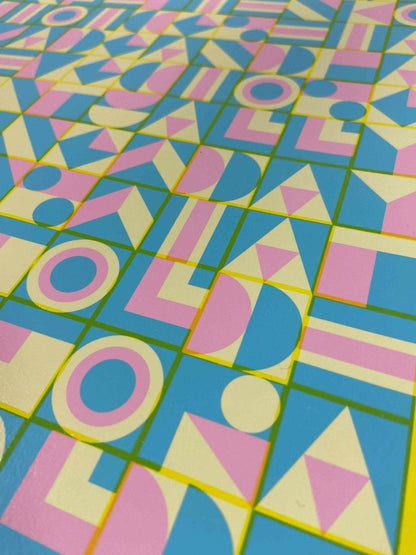 4-colour screenprint, yellow, pink and blue geometric hidden typography, edition of 60, white paper