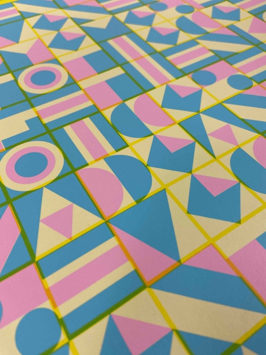 4-colour screenprint, yellow, pink and blue geometric hidden typography, edition of 60, white paper