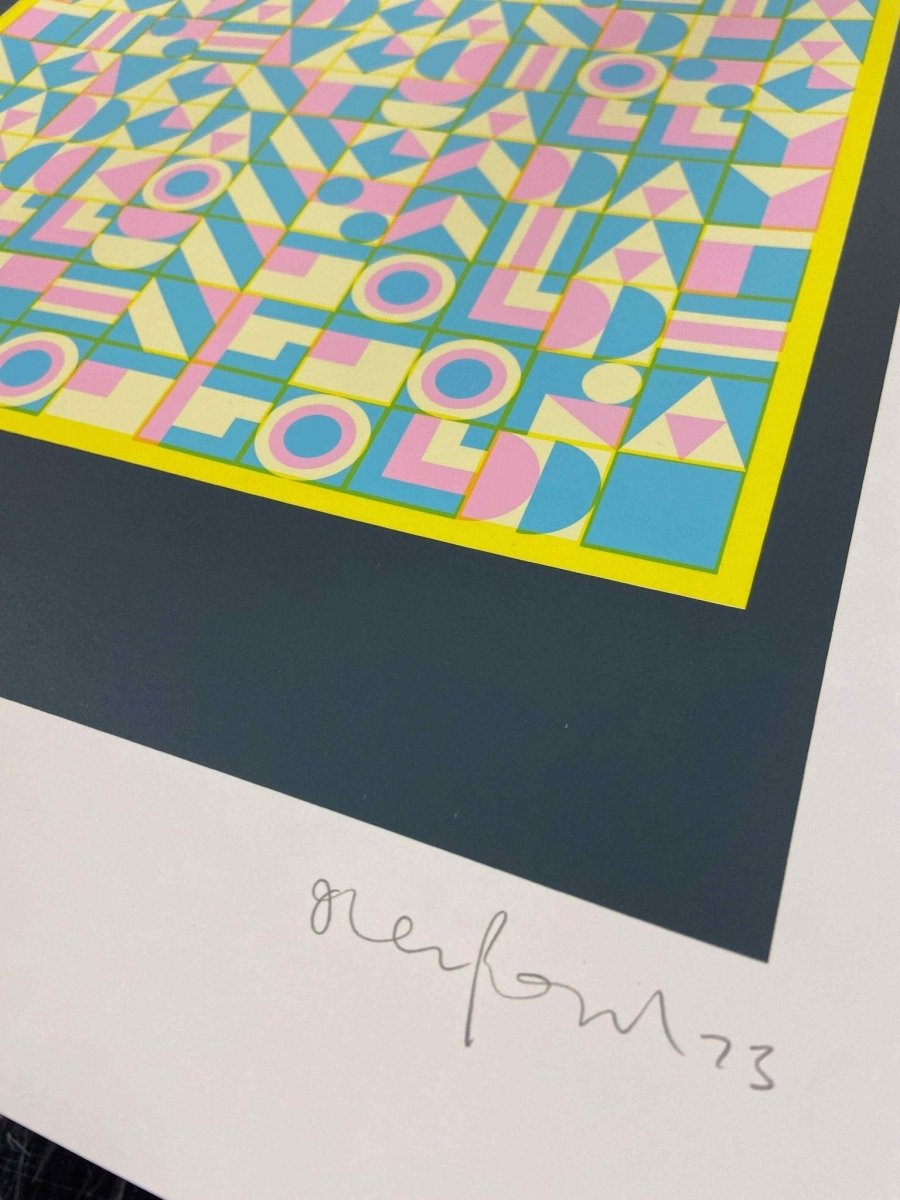 4-colour screenprint, yellow, pink and blue geometric hidden typography, edition of 60, white paper