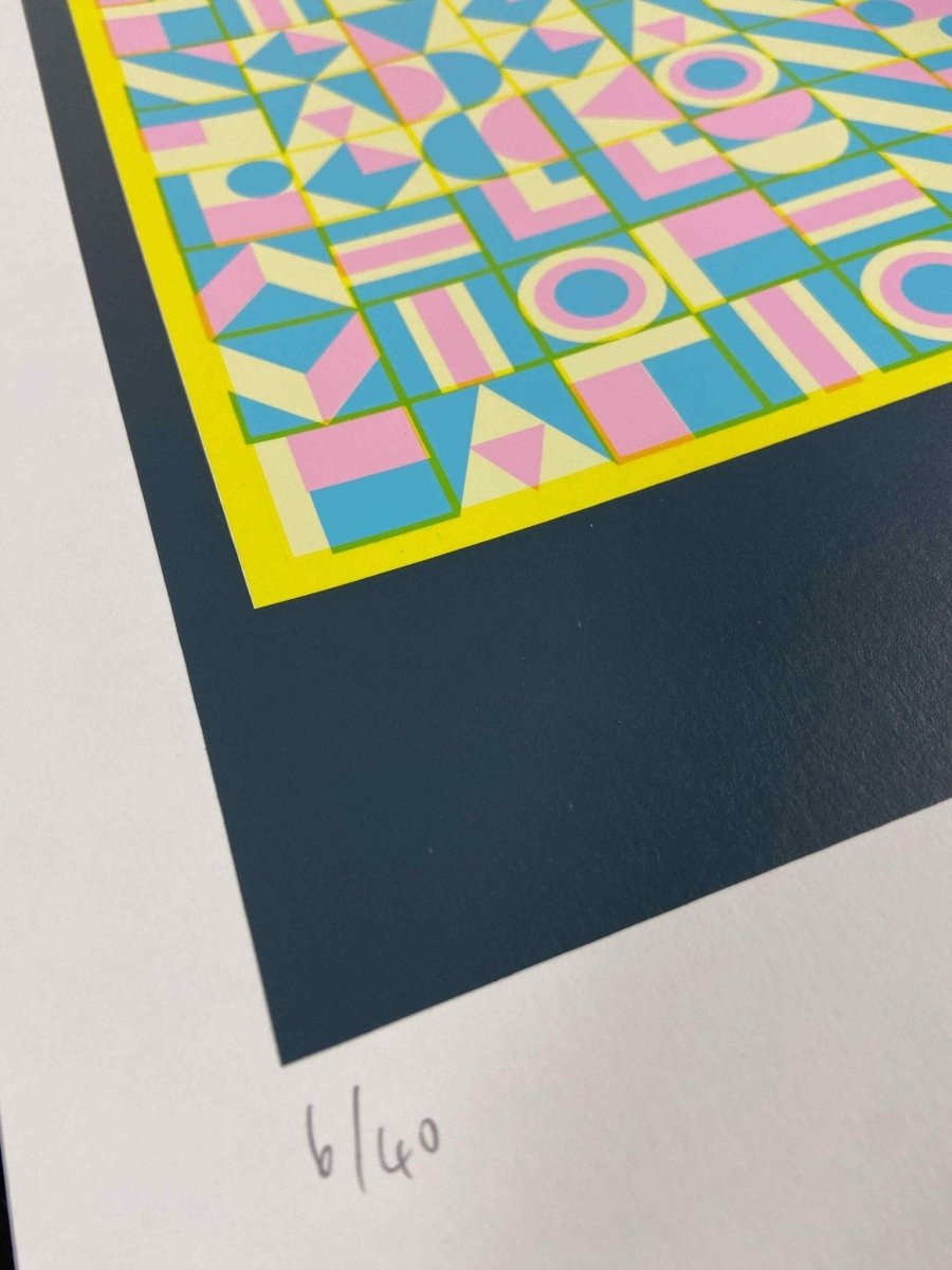 4-colour screenprint, yellow, pink and blue geometric hidden typography, edition of 60, white paper