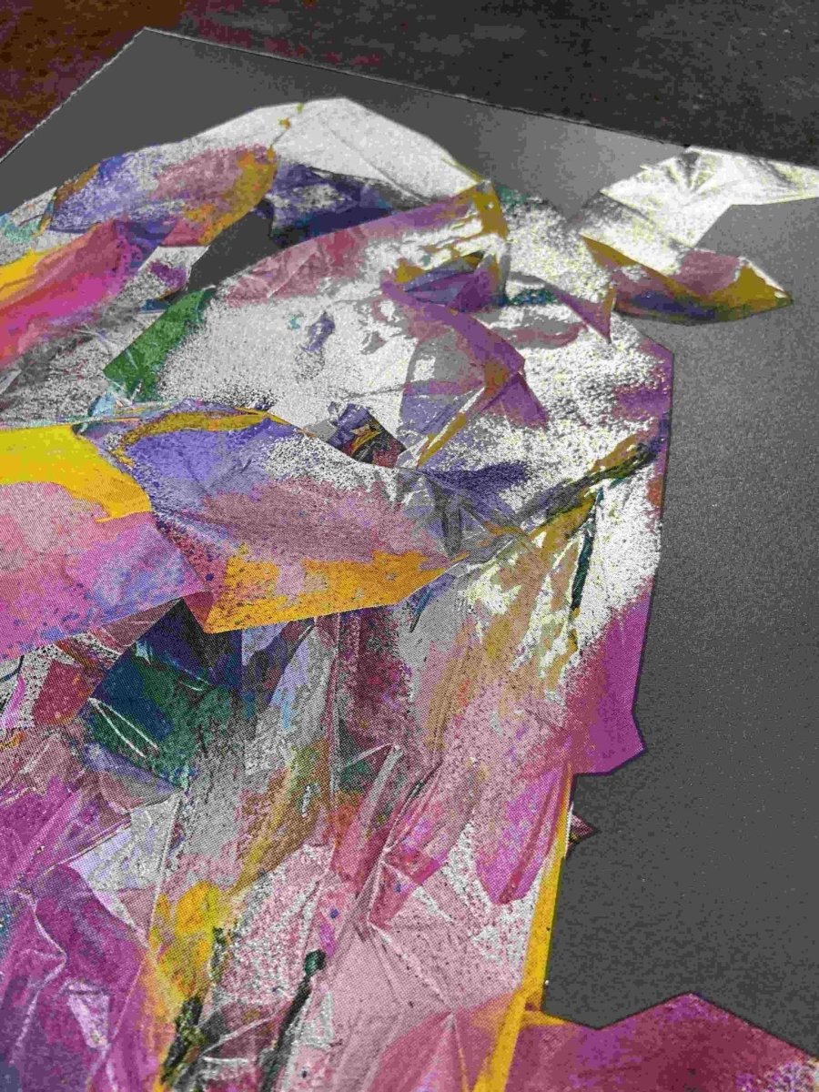 Multi-colour screenprint, pink purple yellow, abstract rabbit with loose gestural marks on grey stock