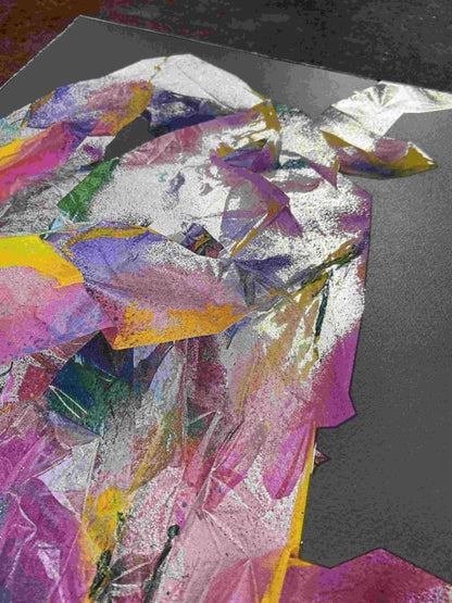 Multi-colour screenprint, pink purple yellow, abstract rabbit with loose gestural marks on grey stock