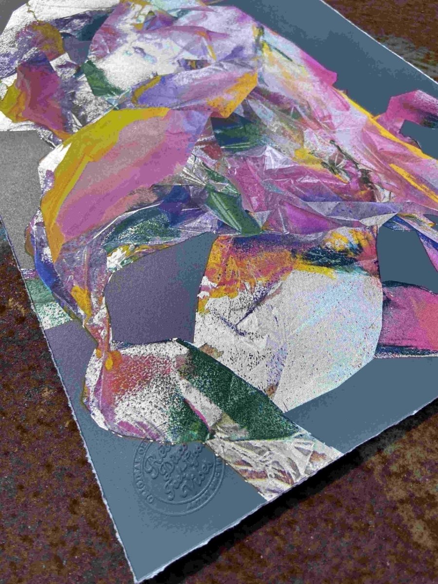 Multi-colour screenprint, pink purple yellow, abstract rabbit with loose gestural marks on grey stock