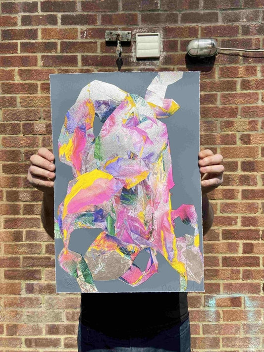 I See A Rabbit abstract hand-pulled screenprint by Oli Fowler, colourful forms on grey background