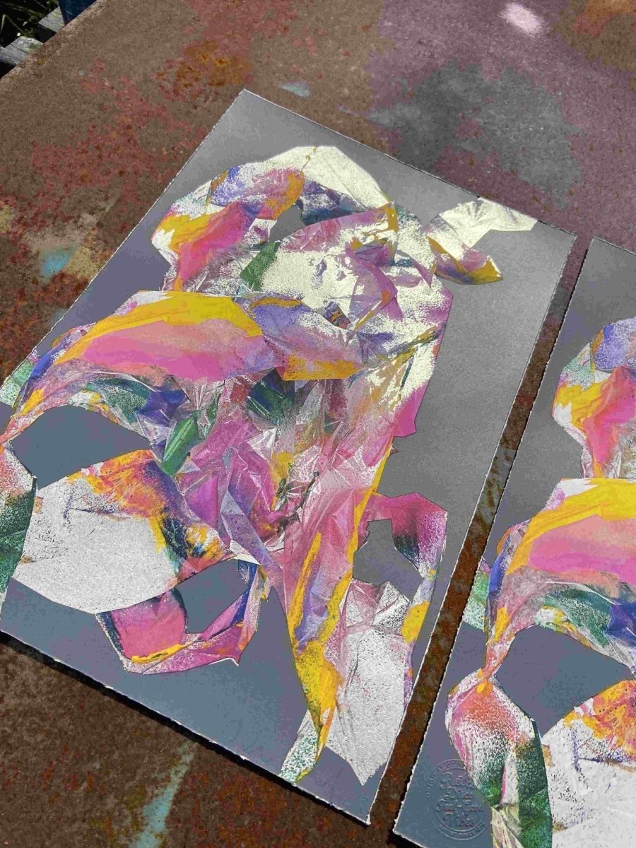 Multi-colour screenprint, pink purple yellow, abstract rabbit with loose gestural marks on grey stock