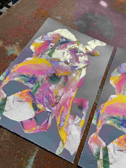 Multi-colour screenprint, pink purple yellow, abstract rabbit with loose gestural marks on grey stock