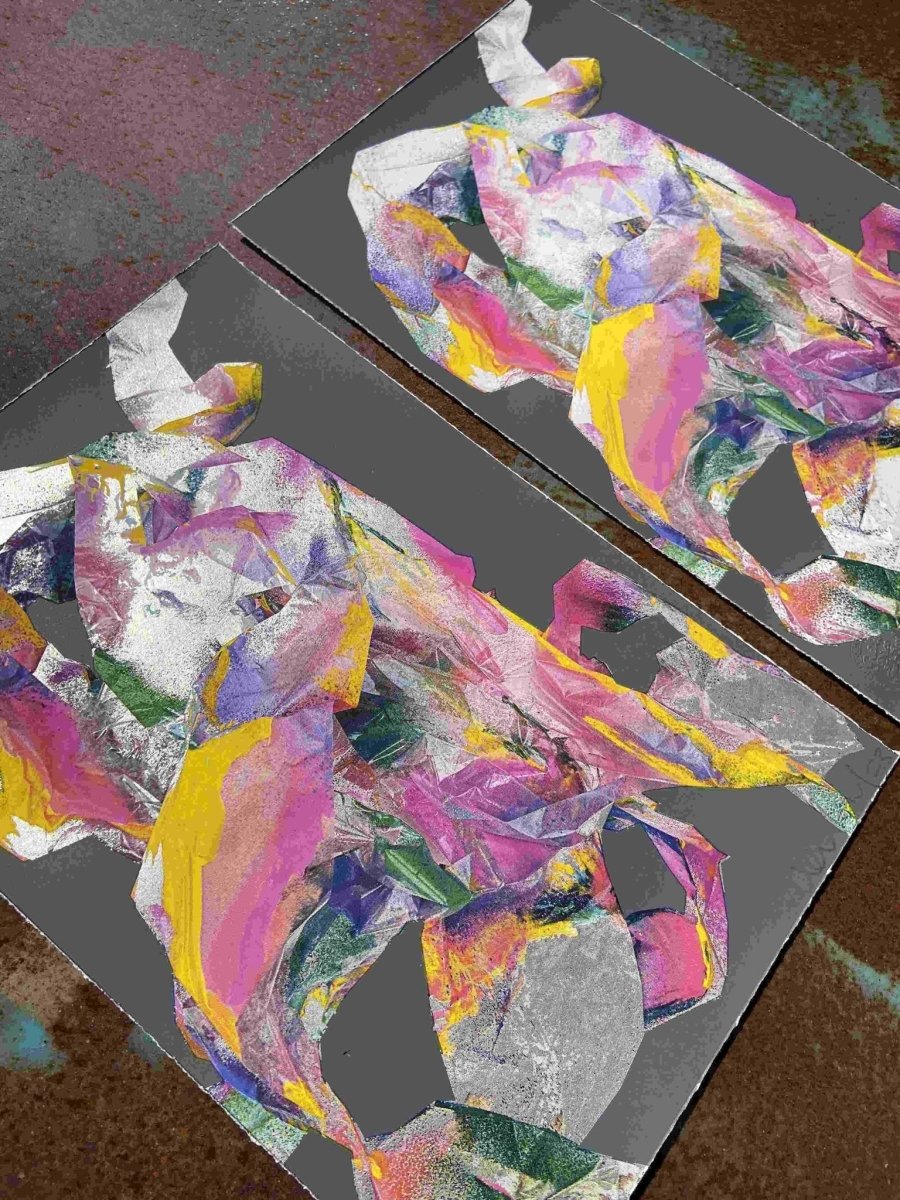 Multi-colour screenprint, pink purple yellow, abstract rabbit with loose gestural marks on grey stock
