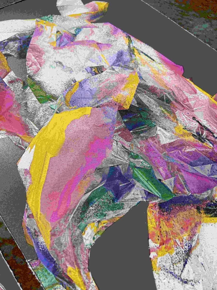 Multi-colour screenprint, pink purple yellow, abstract rabbit with loose gestural marks on grey stock