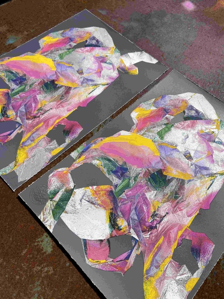 Multi-colour screenprint, pink purple yellow, abstract rabbit with loose gestural marks on grey stock
