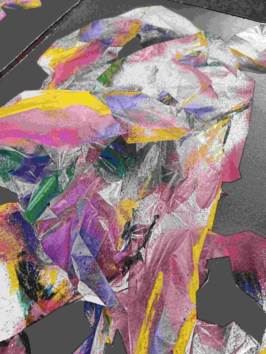 Multi-colour screenprint, pink purple yellow, abstract rabbit with loose gestural marks on grey stock